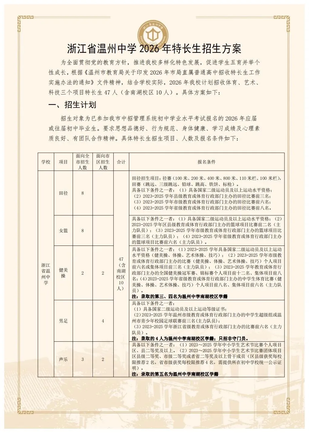 温州中学2026年特长生招生方案出炉