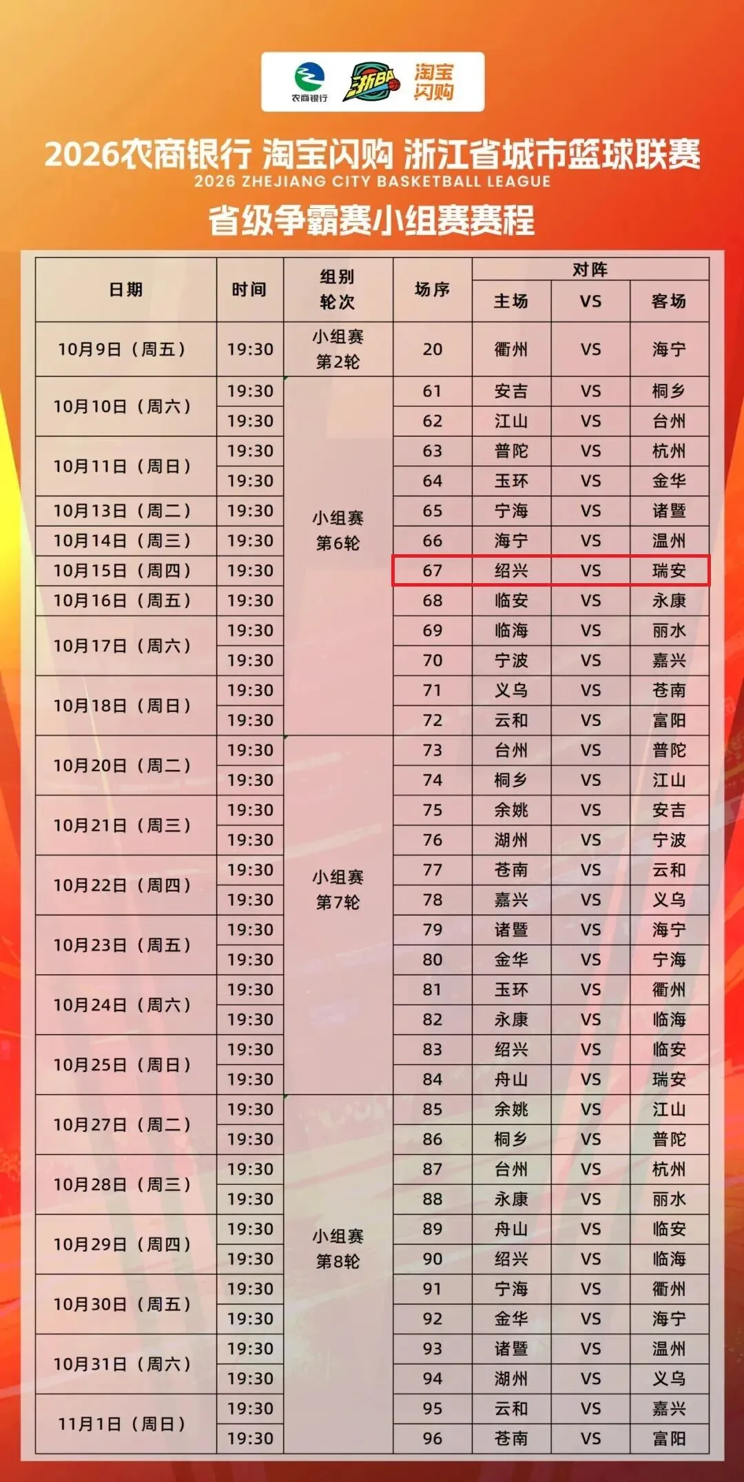 最新！“浙BA”瑞安比赛场次调整
