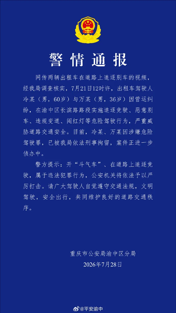 重庆渝中警方通报“两辆出租车在道路上追逐别车”：冷某、万某因涉嫌危险驾驶罪，已被刑拘